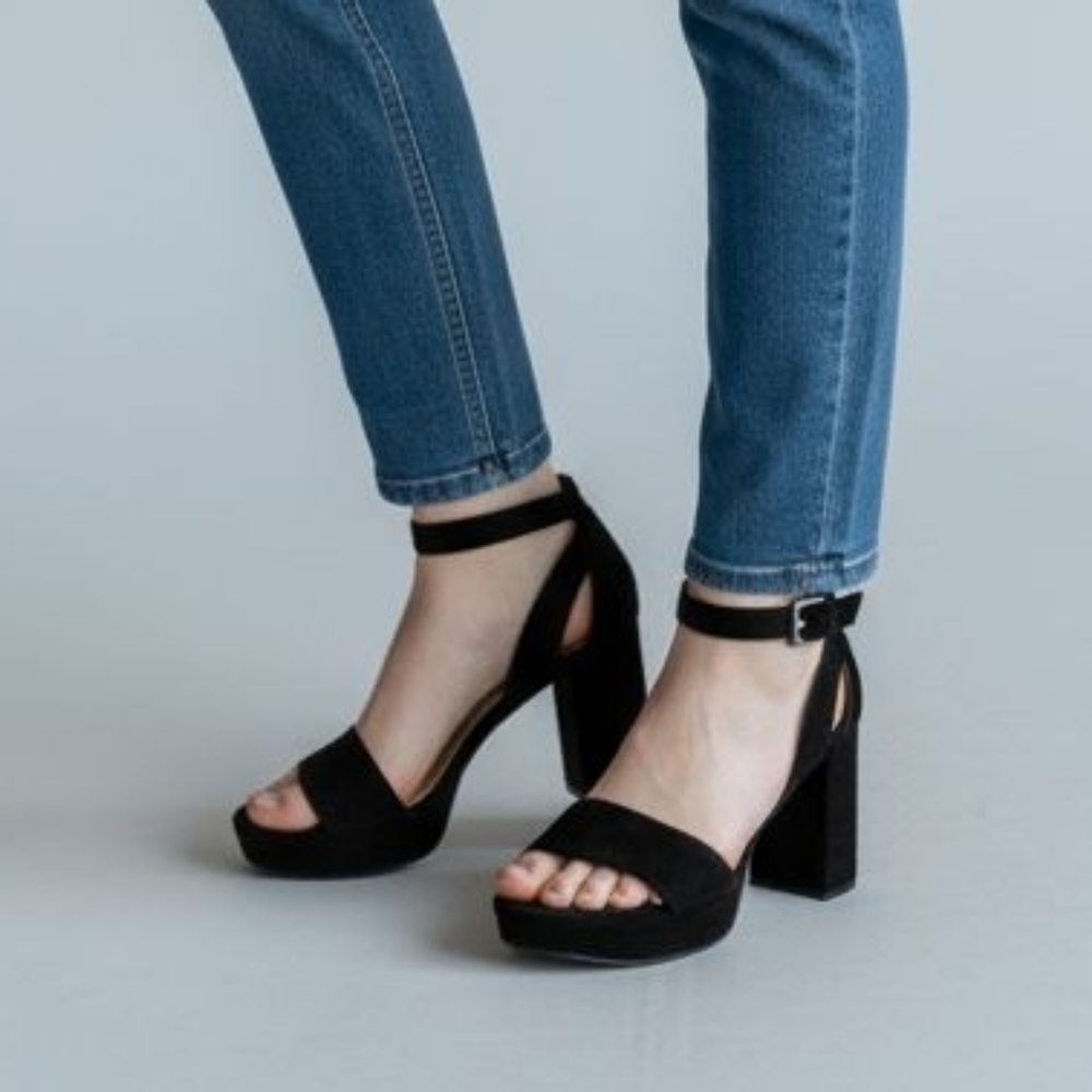 CL by Chinese Laundry Black Suede Ankle-Strap Block Heels